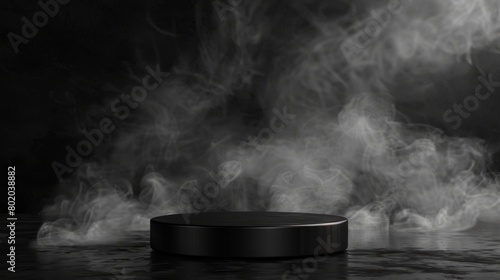 A sleek black podium surrounded by wispy, swirling mist against a dark backdrop. Background.