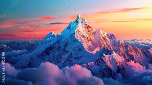 A snow-capped mountain range is shown in the distance with a bright, setting sun casting a pink and purple glow on the peaks. There is a dusting of snow on the foreground as well.
