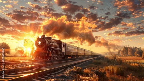 A train is traveling down the tracks at sunset