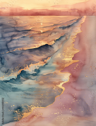 A watercolor beach scene at sunset, waves lapping against the shore, the sky reflecting onto the water, the sandy shore should be textured with golden specks, blending into colors of the water.