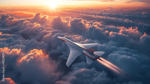 A supersonic aircraft breaking through the sound barrier above the clouds, shock waves visible