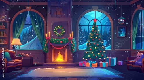 Cartoon illustration of a room at Christmas night with an empty fireplace, a decorated fir tree with toys and glowing garlands, classic furniture and large arched windows, Xmas eve cartoon.