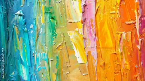 Closeup of abstract rough colorful multicolored rainbow colors art painting texture, with oil brushstroke, pallet knife paint on canvas, dripping color