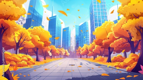 An autumn city skyline set against a parallax background, an urban 2D cityscape with skyscrapers, yellow trees, and tiled pathways. Fall downtown district game animation template. Modern