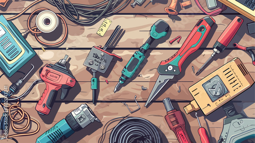 Flat lay composition with electrical tools on wooden