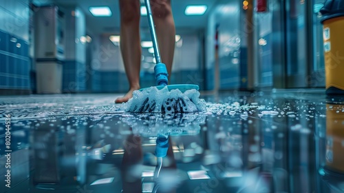 Detailed photo of a janitor woman in motion, using a professional buffer on a shiny hospital floor, emphasizing cleanliness and care
