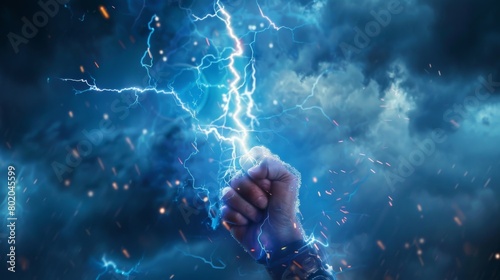 Hand holding up a lightning bolt. Energy and power. Stormy background. Blue glow. Zeus, thor
