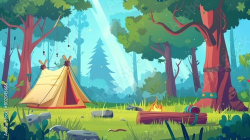 Modern parallax background ready for 2D animation with cartoon illustration of summer camp in forest with tent and bonfire.