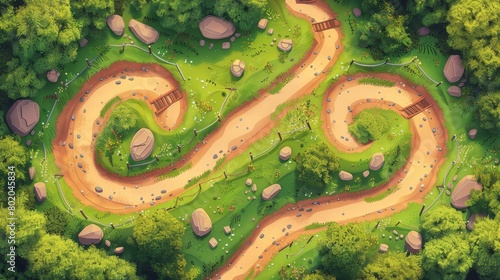 A cartoon modern illustration showing a road at its top, with a path under construction and asphalted or dirt parts and barriers. A trail of green grass and rocks surrounds it, with a path on the