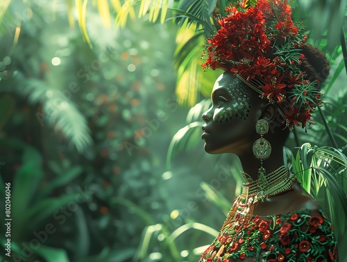 Capture a side view of a model in avant-garde fashion, blending seamlessly with a lush forest background Use dramatic lighting to highlight intricate details on the outfit and include a low-angle pers