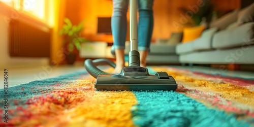 a Caucasian female cleaning service worker as she meticulously vacuums a rug in a well-appointed living room