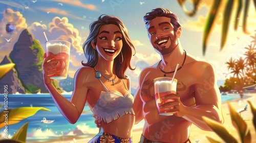A cute cartoon poster showing a smiling woman holding coconut drinks and a barman's wipe cup at a cocktail party. Modern ad cards for an exotic Hawaiian beach resort bar.