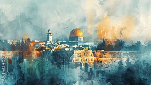 Jerusalem Cityscape Watercolor Background Generative AI