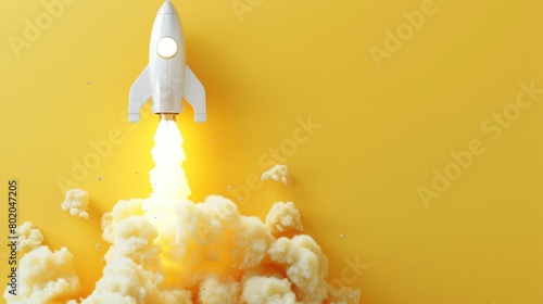 Light bulb taking off like rocket on yellow background, startup and business concept