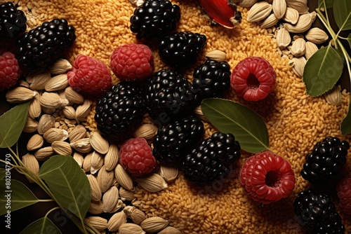 A handful of pistachios, raspberries, and blackberries are arranged on a bed of golden brown couscous.