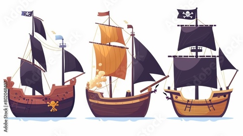 An illustration of pirate ships on white background. Wooden boats with black sails, cannons, and a jolly roger flag. Old and new battleships, barges after shipwrecks, and sea battle cartoon.