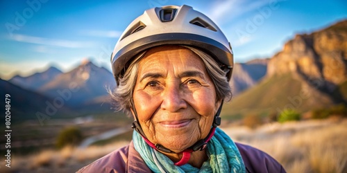 Close-up portrait of latin senior woman in a bike helmet on mountain background, space for text. Mountain bike on offroad, portrait of cyclist at sunset. extreme, fitness