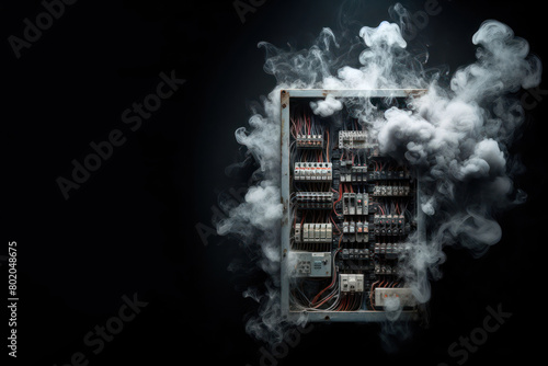 Smoke coming from an electrical panel. Space for text.