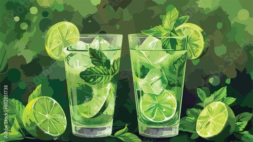 Glasses of fresh mojito with lime and mint on green