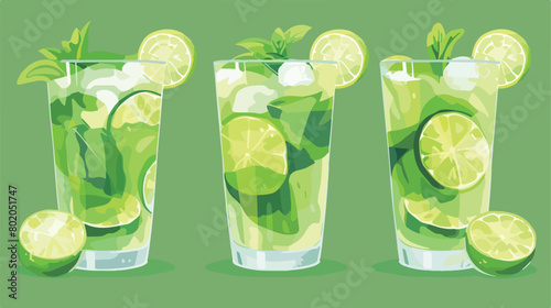 Glasses of fresh mojito with lime and mint on green