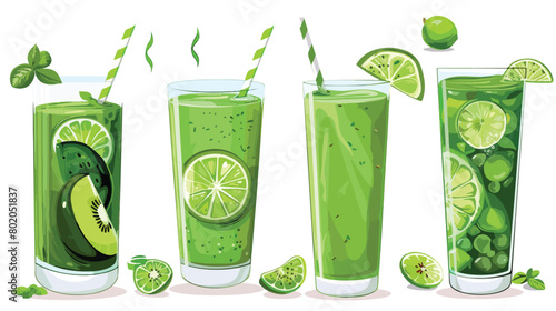 Glasses of healthy green smoothie and ingredients 