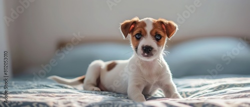 The cutest most adorable short haired Jack Russel terrier puppy with folded ears. Tiny two months old pup with funny fur stains sitting on the bed. Close up, copy space.