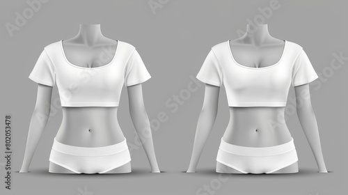 Blank template female clothes with 3D set realistic modern isolated illustration, short sleeve and strap top, bustier with cups.