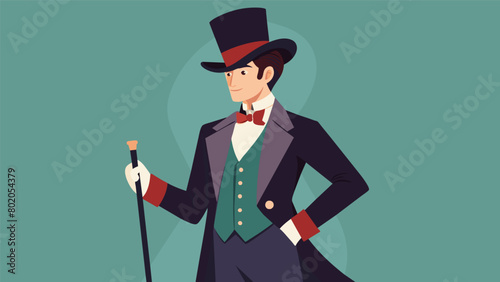 A man dressed in a top hat and coat holding a cane and referring to himself as a dandy reflecting the extravagant fashion of upperclass gentlemen in. Vector illustration