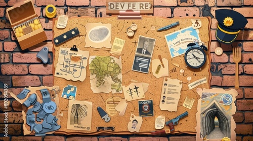 A detective board displaying evidence of a crime. A police investigation plan. A modern cartoon set of cork pin boards with a picture of a suspect and missing people, a car plate, fingerprints and a