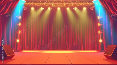 The stage for a concert or show with spotlights, curtains, and a gold arch with light bulbs. Modern cartoon illustration of an empty stage for a music festival, performance, or talent contest.