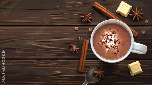 Cup of tasty hot chocolate on wooden background top vector