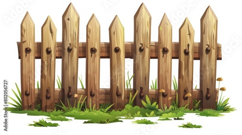 A rustic wooden fence, palisade, stockade, or balusters with pickets. A brown banister or fencing section with paling. A wood rustic garden border, ranch or farm border isolated elements.