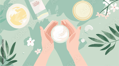 Hands of young woman applying cream at home Vector styl