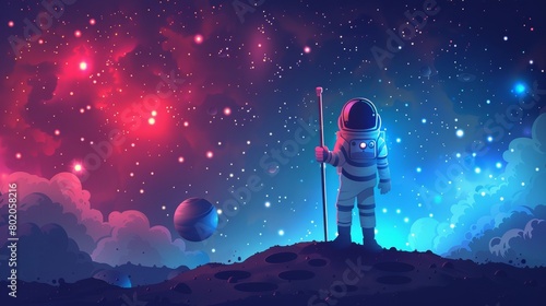 Spaceman stranger explores universe cartoon illustration. Spaceman stranger looks at starry sky in suit, holding staff in hand. Cosmonaut in suit, helmet, and staff in hands.
