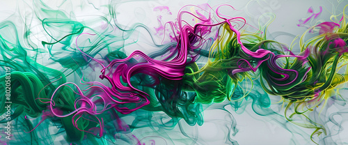 Intricate tendrils of vivid green and intense magenta intertwining against a white backdrop, forming abstract shapes that evoke a sense of complexity.