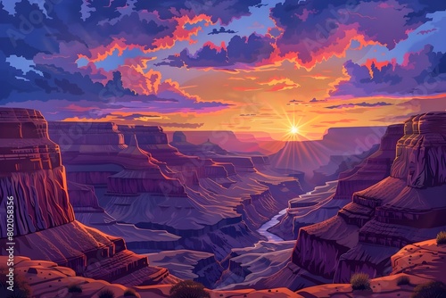 Dramatic Sunset Over Erosion-Sculpted Canyon Landscape with Vivid Sky