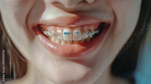 Close up of a happy smile of a young woman with healthy white teeth with metal braces decorated with rhinestones. Dentistry concept