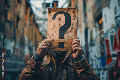 A man is holding a paper with a question mark on it. The image has a mood of curiosity and mystery