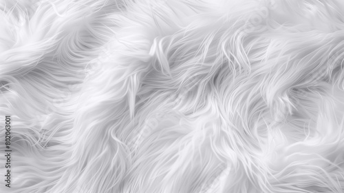 A close up of a white fur texture, possibly from a sheep. The fur appears to be long and fluffy, giving the impression of a soft and cozy material. 
