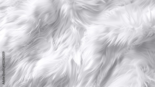 A close up of a white fur texture with a lot of white hair. The fur is very fluffy and looks like it is made of cotton