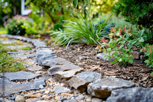 A stone path with a rock border and a few plants. The plants are green and red