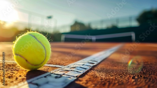 Tennis Ball Glowing on Sunlit Court. Generative ai