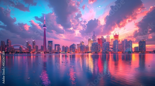 Toronto Canada vibrant cityscape with CN Tower at sunset