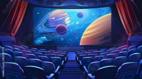 Three-sided panorama screen and audience seats. Cinema auditorium or planetarium with a 3D video of galaxy, planets, and stars, modern cartoon illustration.