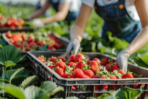 Farm Workers Harvesting Strawberries in the Field. Workers picking fresh ripe fruit.
