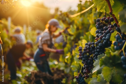 Farm Workers Harvesting grape in the Field. Workers picking fresh ripe fruit.