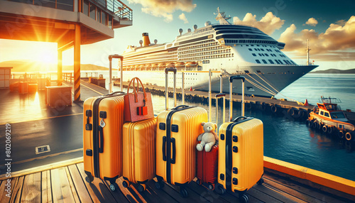 Gelbe Koffer auf einem Holzsteg, im Hintergrund ein Kreuzfahrtschiff, Urlaubs Konzept