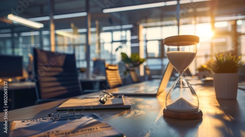 Pressure as a critical business deadline approaches in a bustling corporate environment. Hourglass and sand clock