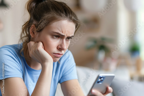 Mujer joven mirando atentamente su teléfono móvil con cara disgustada y enfadada, sosteniendo éstcon una mano y con la otra su cabeza, sentada en un sofá, sobre fondo desenfocado del salón de su casa