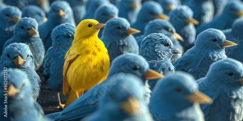 A Sole Yellow Bird Among a Sea of Blue Represents Individualism and Uniqueness and the courage to be different in a conformist society, 
